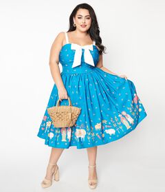 Unique Vintage Blue & White Farm Border Golightly Swing Dress