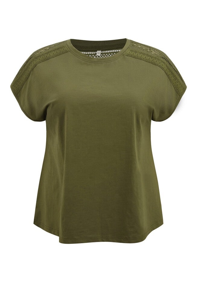 Crew Neck Crochet Lace Trim Shoulder Short Sleeve Blouse, Army Green / Olive Green, alternate image number 3