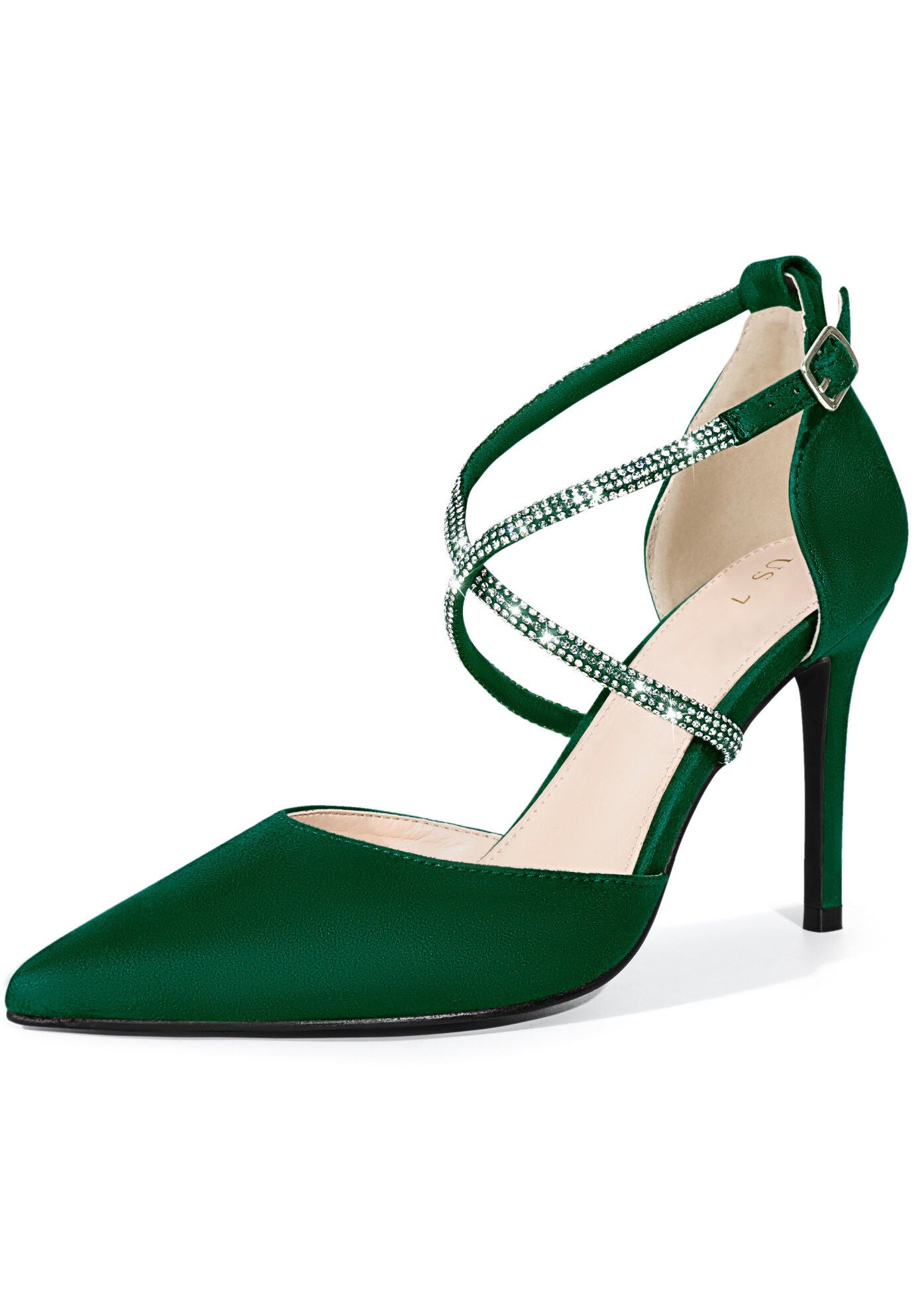 Pointed Toe Crisscross Rhinestone Stiletto Heel Pumps, Green / Hunter Green, hi-res image number 0