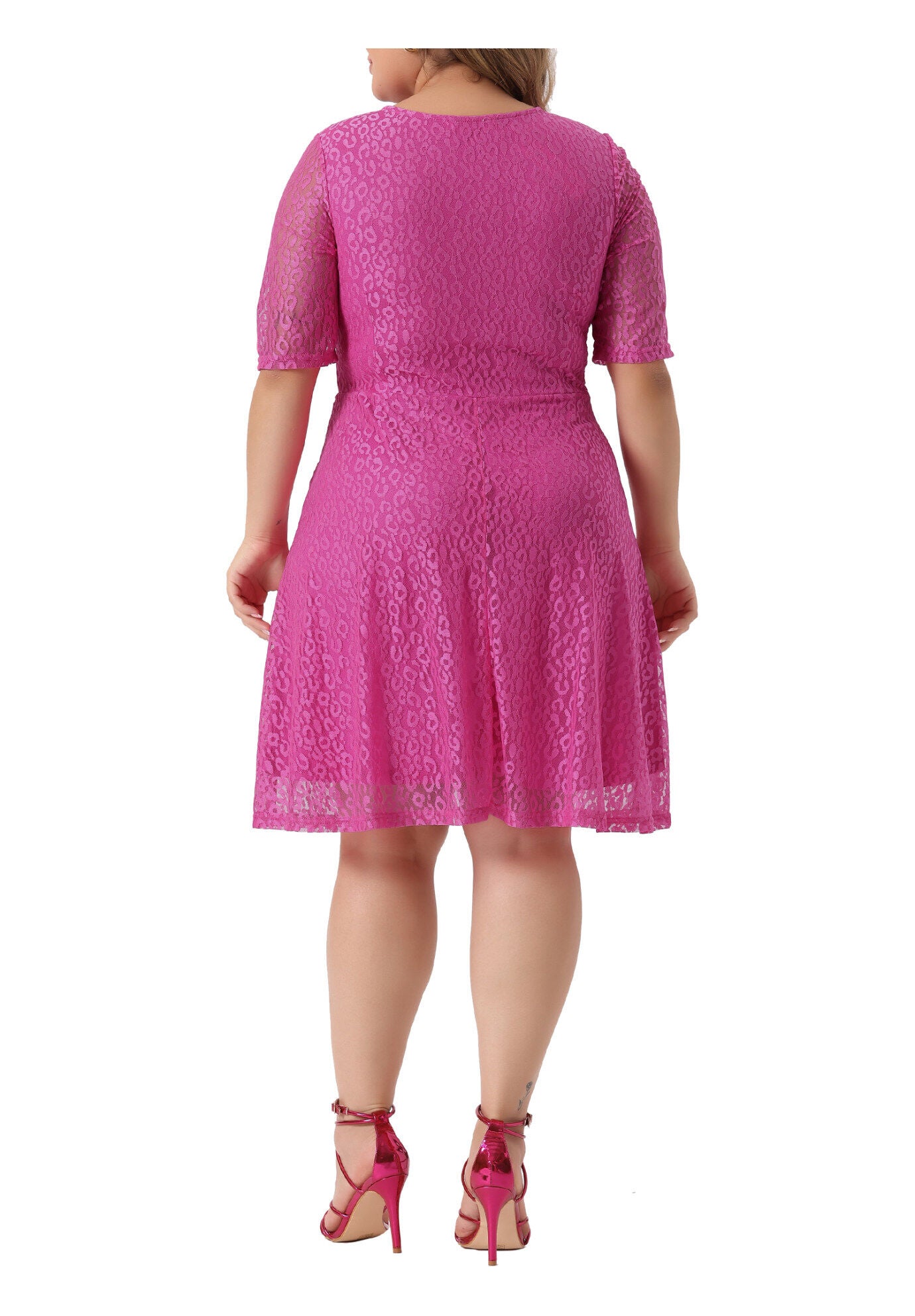 Lace Swing A-Line Cocktail Midi Dress, Hot Pink / Deep Fuchsia, alternate image number 3