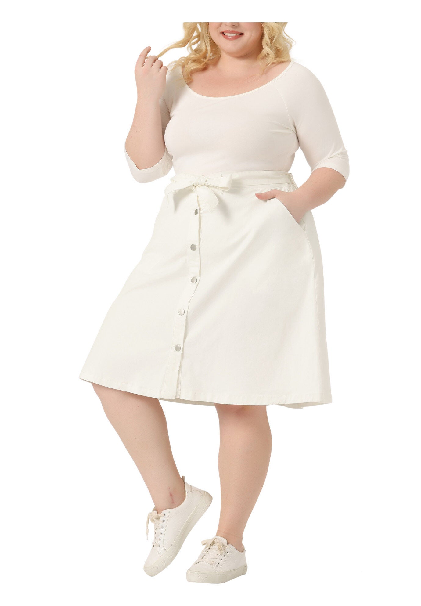 TIE WAIST A-LINE MIDI JEANS DENIM SKIRT, White / White, hi-res image number 0