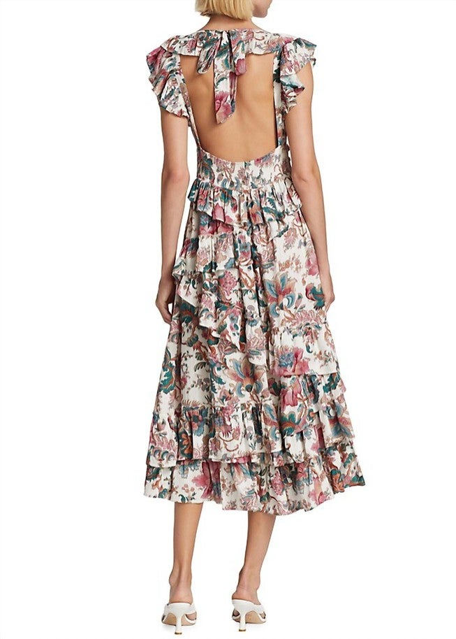 SALOME FLUTTER SLEEVE LUREX MIDI DRESS IN LILLIE WHITE PRINT, , alternate image number null