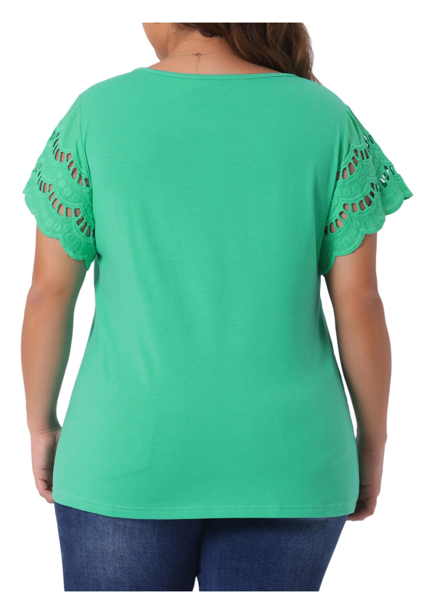 Lace Panel Hollow Short Sleeve Summer Blouse, Light Green / Light Green, alternate image number 3