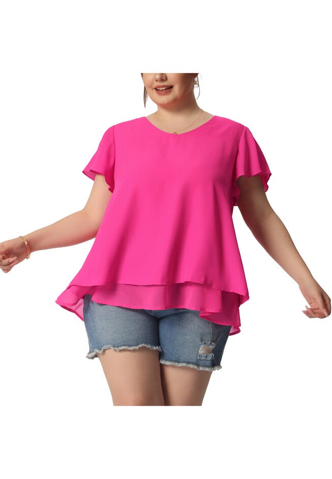 Summer Top Ruffle Short Sleeve V Neck Double Layered Hem Chiffon Blouse, Hot Pink / Deep Fuchsia, alternate image number 1