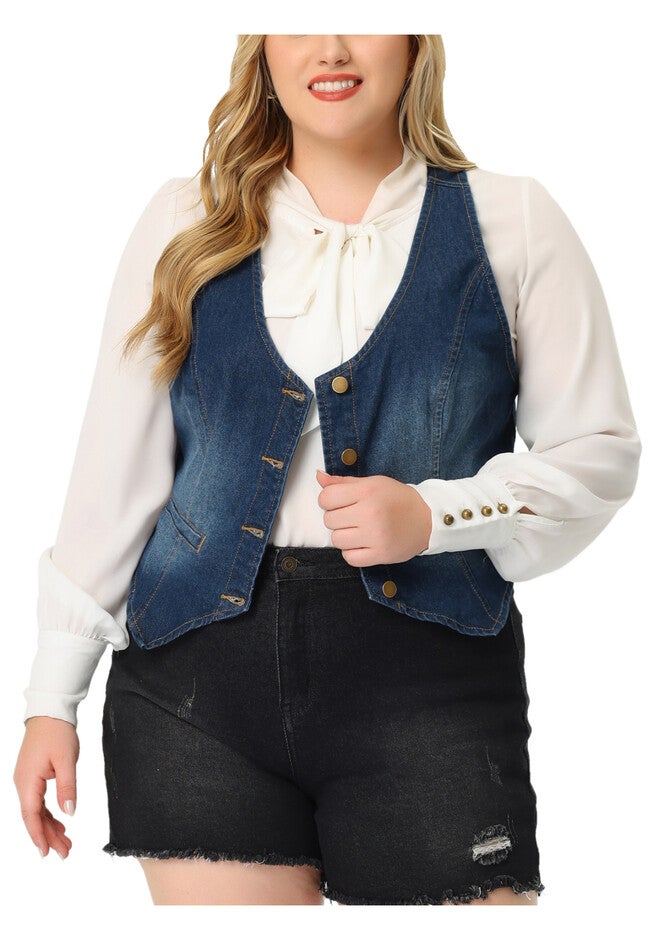 BUTTON DOWN SLEEVELESS JEAN WAISTCOAT VEST, Blue / Navy, alternate image number 2