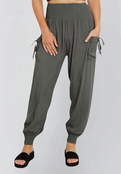 Annick - Nadine Harem Pants Solid Smocked Waist Pockets Side Ties