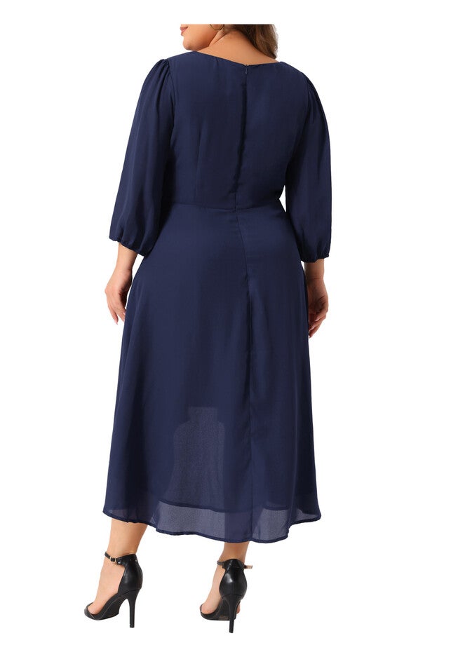 Chiffon V Neck 3/4 Sleeves A-Line Midi Wedding Guest Dress, Dark Blue / Navy, alternate image number 3