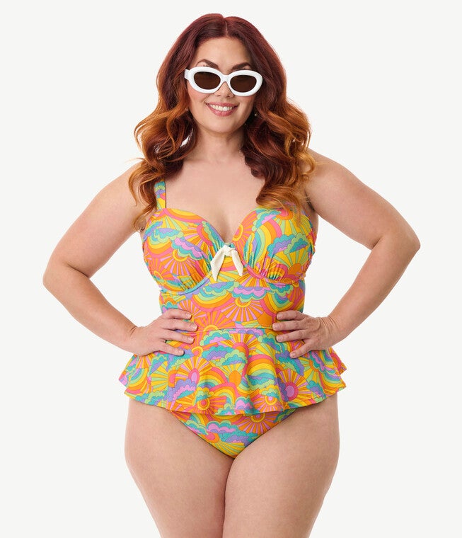 Unique Vintage Plus Size Black Solana Tankini Swim Top, Yellow / Yellow, hi-res image number 0