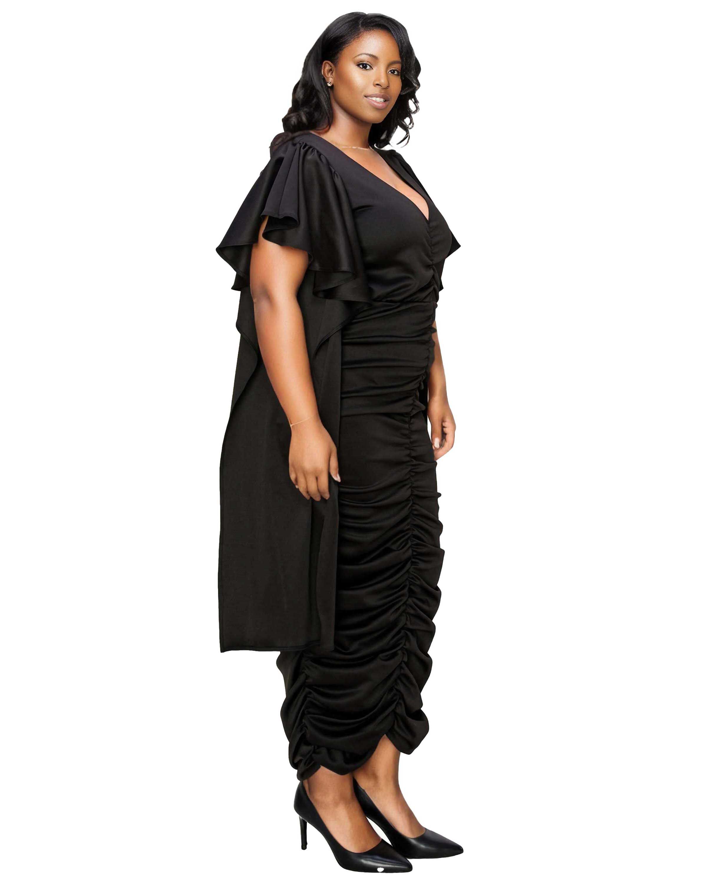 NADIA RUCHED V NECK DRESS, Black / Black, alternate image number 2