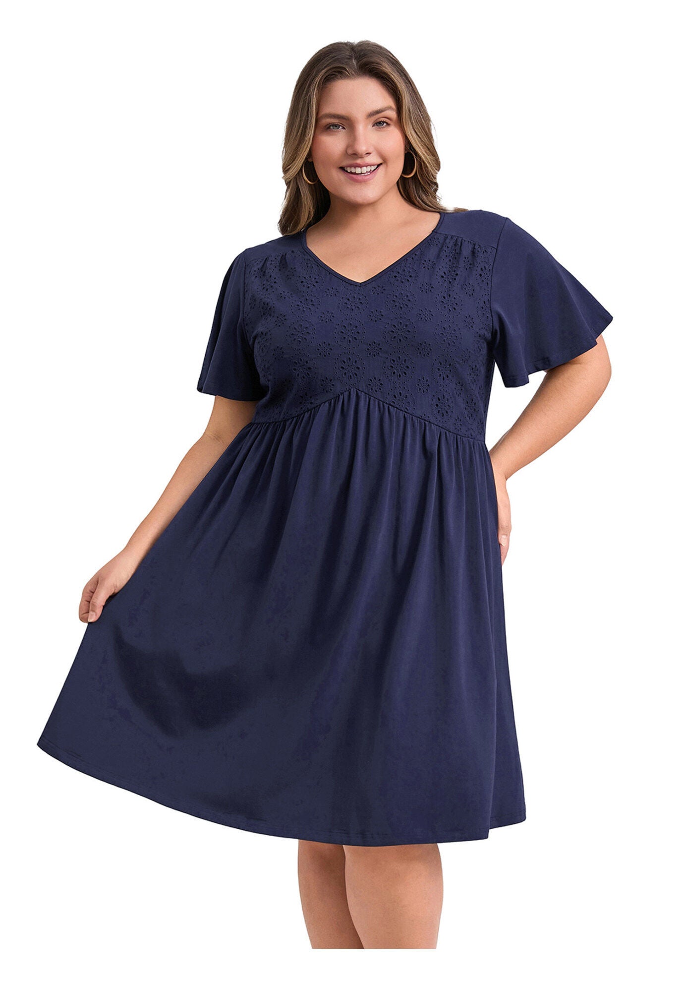 Summer V Neck Ruffle Sleeve Pleated Swing A-Line Dress, Navy Blue / Navy, hi-res image number 0