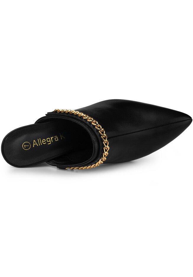 Chain Mules Pointed Toe Chunky Heel Sildes Mules, Black / Black, alternate image number 2