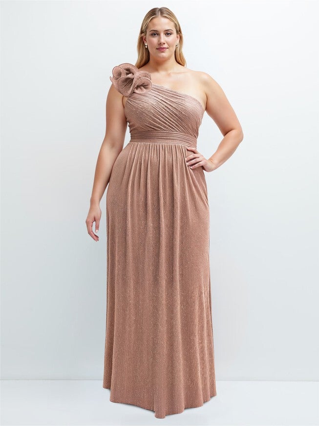 Dramatic Ruffle Edge One-Shoulder Metallic Pleated Maxi Dress, Metallic Sienna / Peach, hi-res image number null