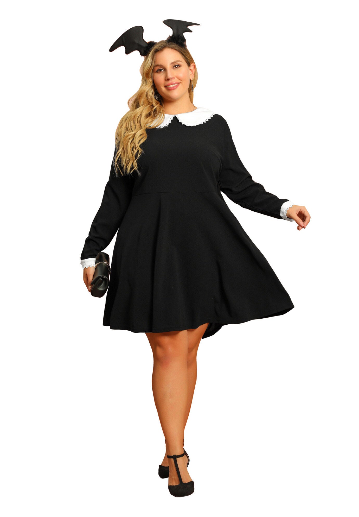 LONG SLEEVE DOLL PETER PAN COLLAR FLARE MIDI DRESS, Black / Black, hi-res image number 0