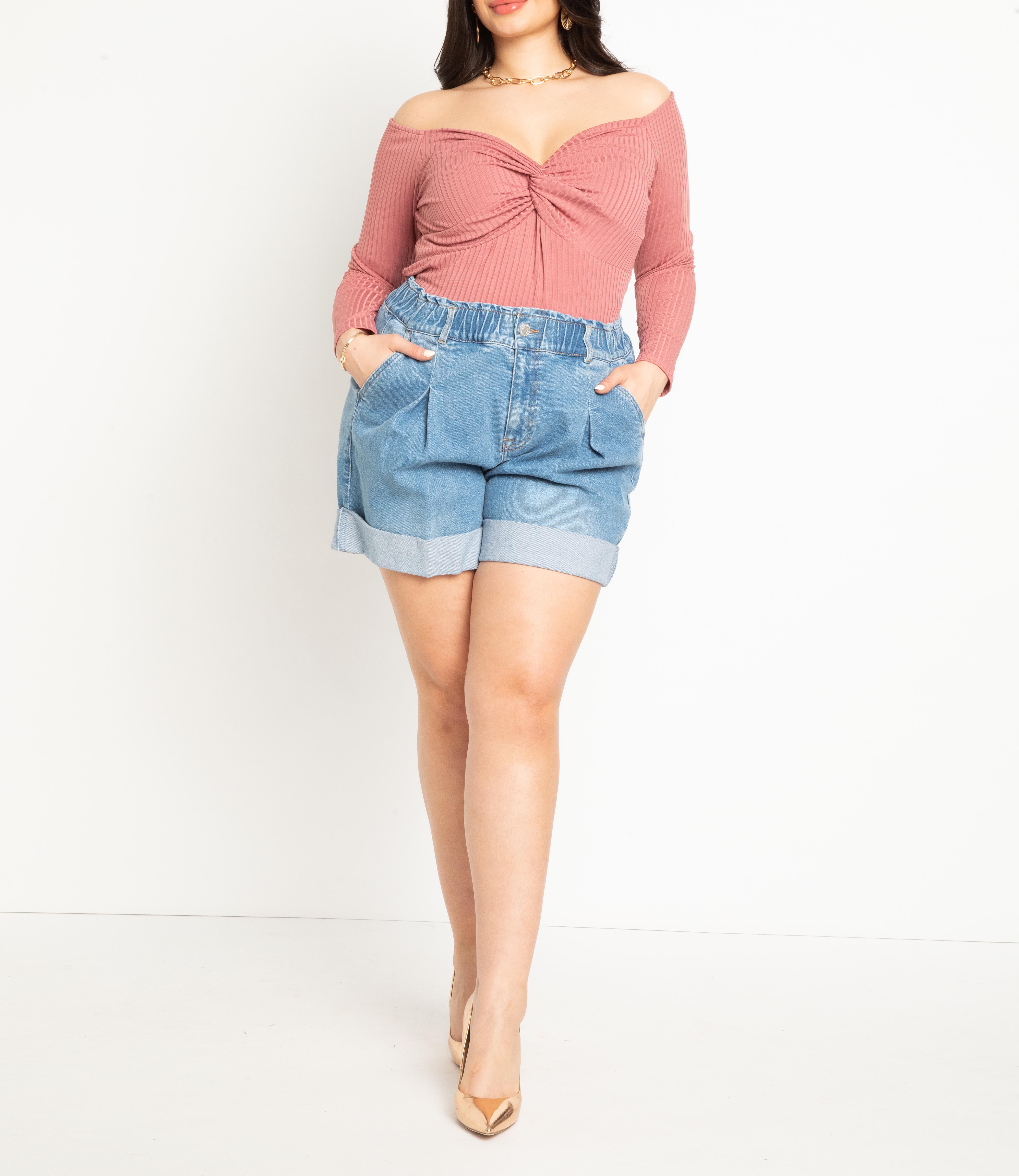 Elastic Waistband Shorts with Pleat Detail, Medium Wash / Medium Wash, alternate image number 1
