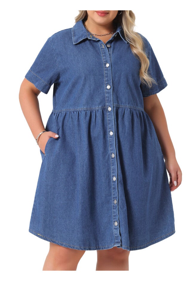 Denim Babydoll Tiered Short Sleeve Button Down Jean Shirt Dress, Mid Blue / Chambray Denim Medium, alternate image number 4