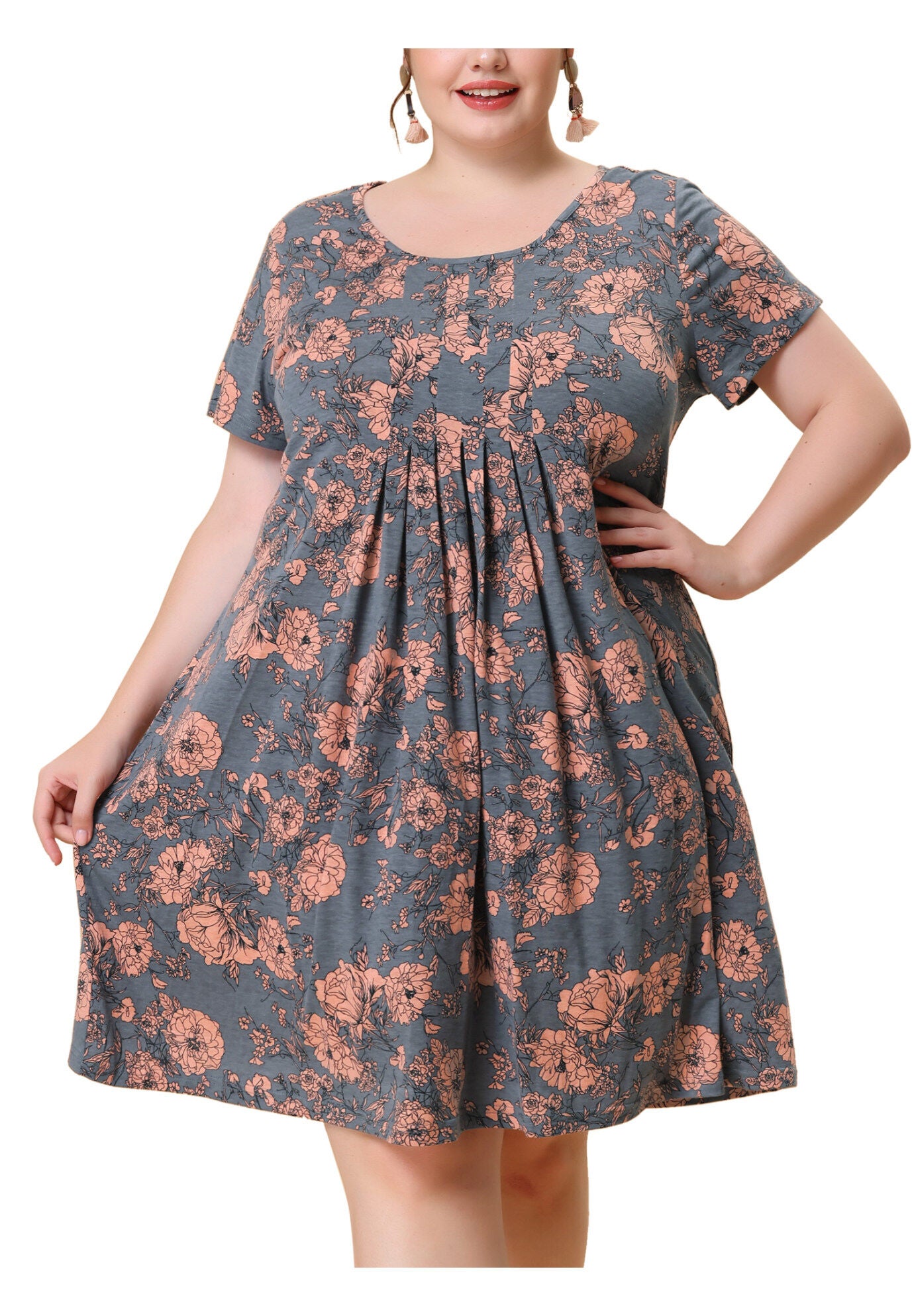 Short Sleeves Pleated Summer Beach Casual Loose Floral Dress, Pink / Pink, alternate image number 4