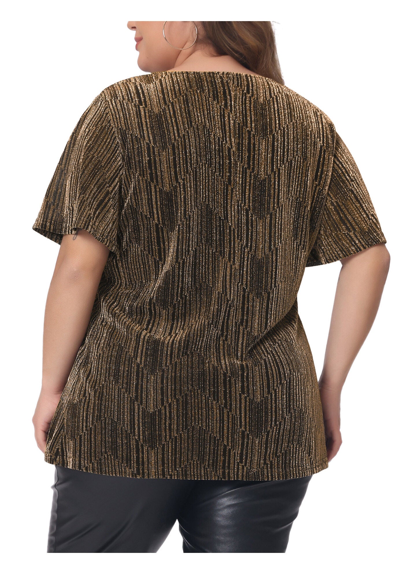 V Neck Metallic Short Sleeve Party Blouse Tee Top, Gold / Gold, alternate image number 3