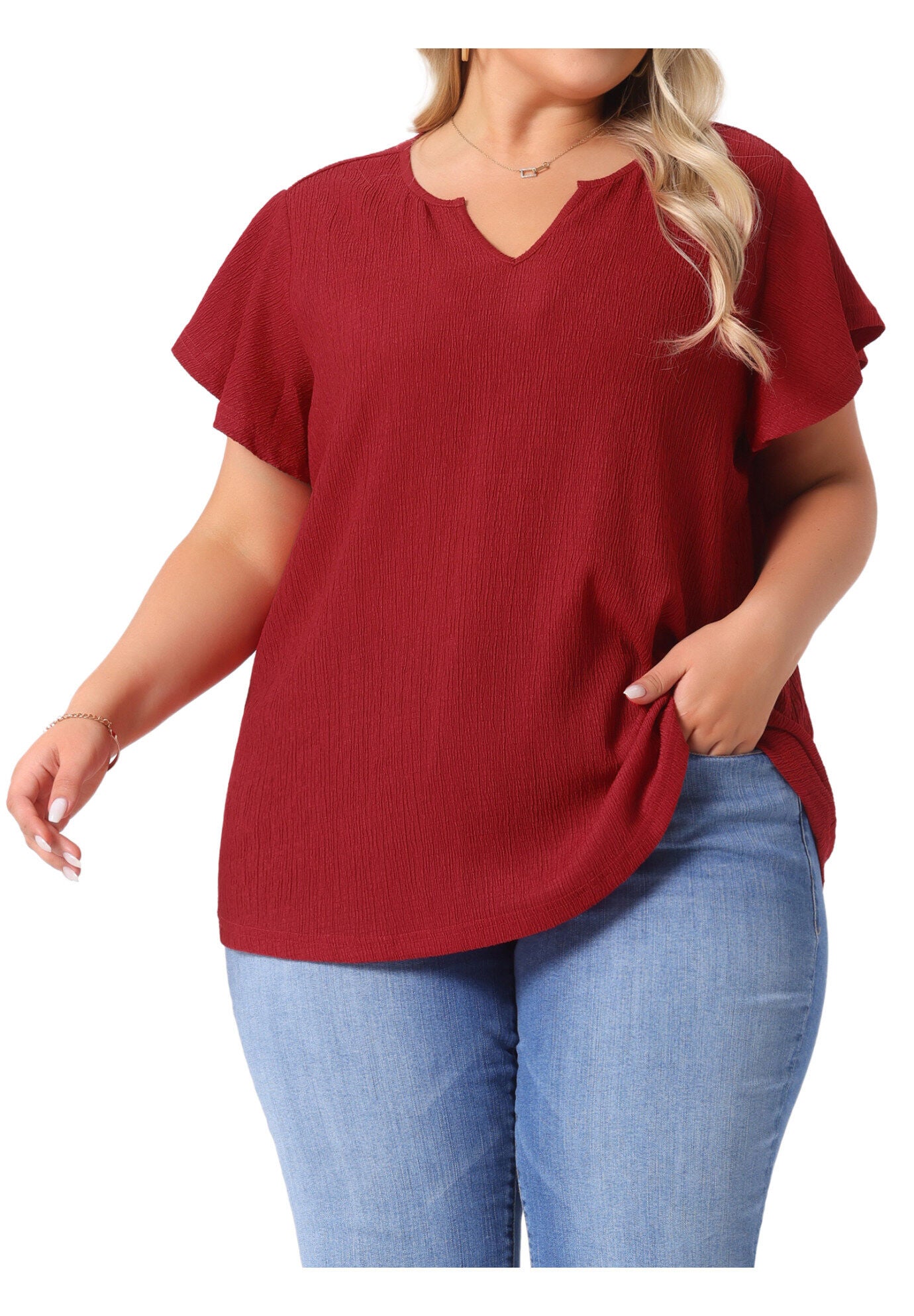 V Neck Ruffle Short Sleeve Summer Blouse, Red / Red, alternate image number 2