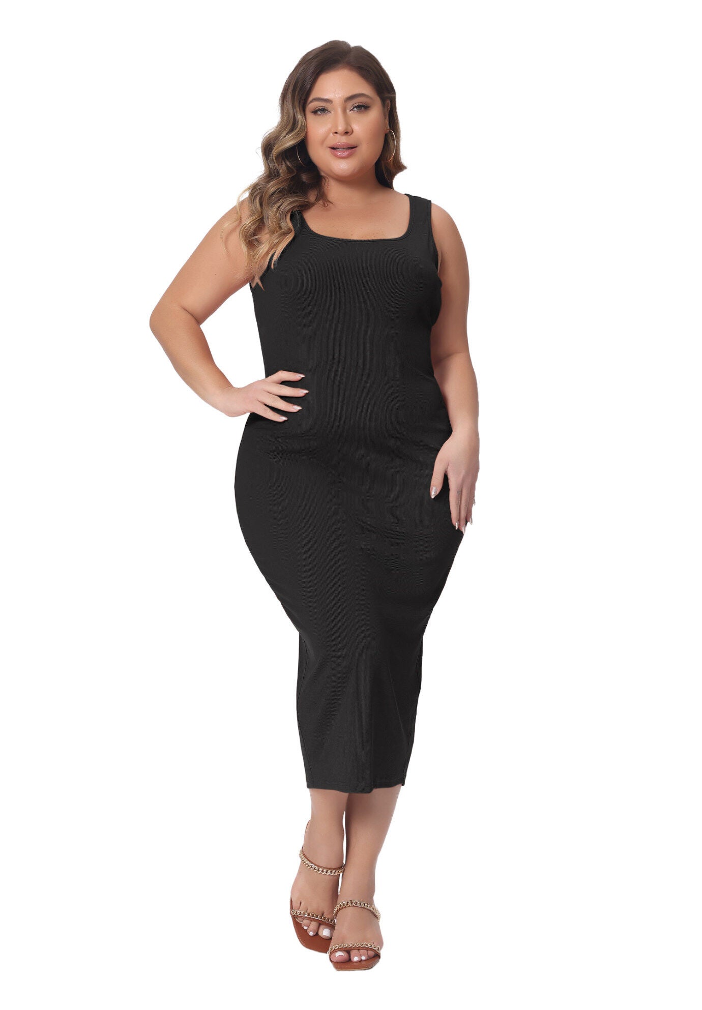 SLEEVELESS SQUARE NECK BODYCON SUNDRESS MIDI TANK DRESS, Black / Black, alternate image number 3
