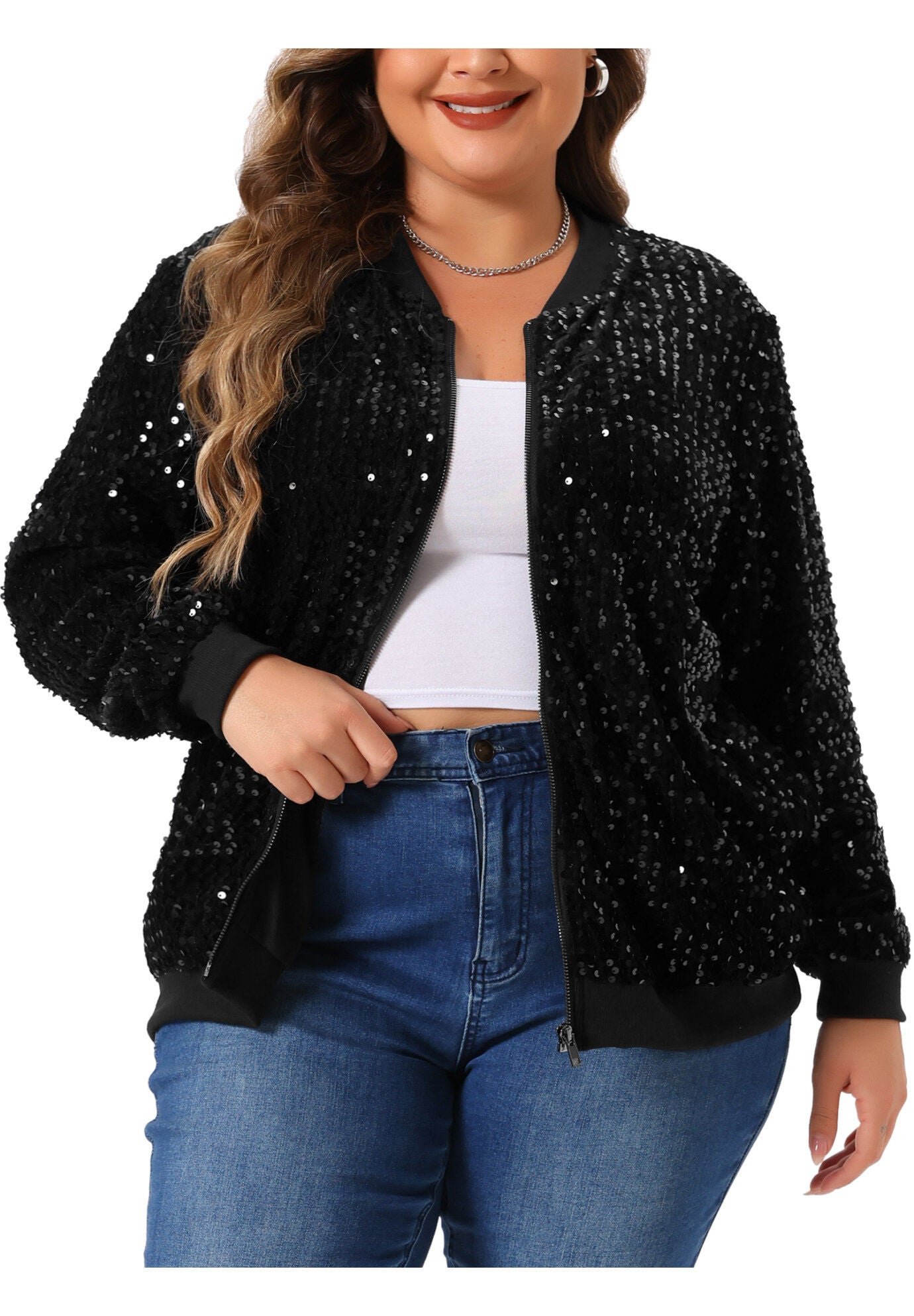 SEQUIN SPARKLE FRONT ZIP BOMBER JACKET, Black / Black, alternate image number 2