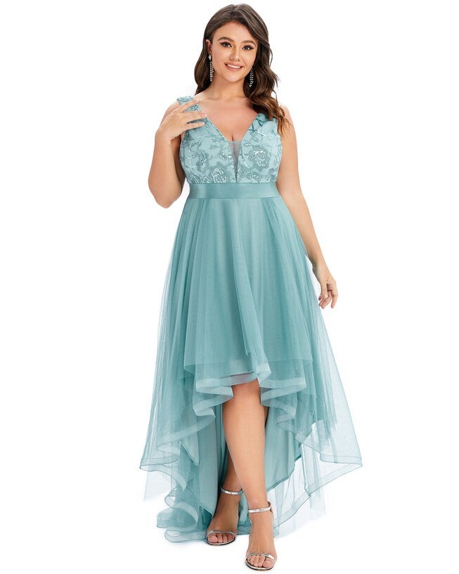 Sleeveless V-back Tulle High-Low Sequin Appliques Evening Dresses | Dia & Co Sleeveless V-back Tulle High-Low Sequin Appliques Evening Dresses | Dia & Co