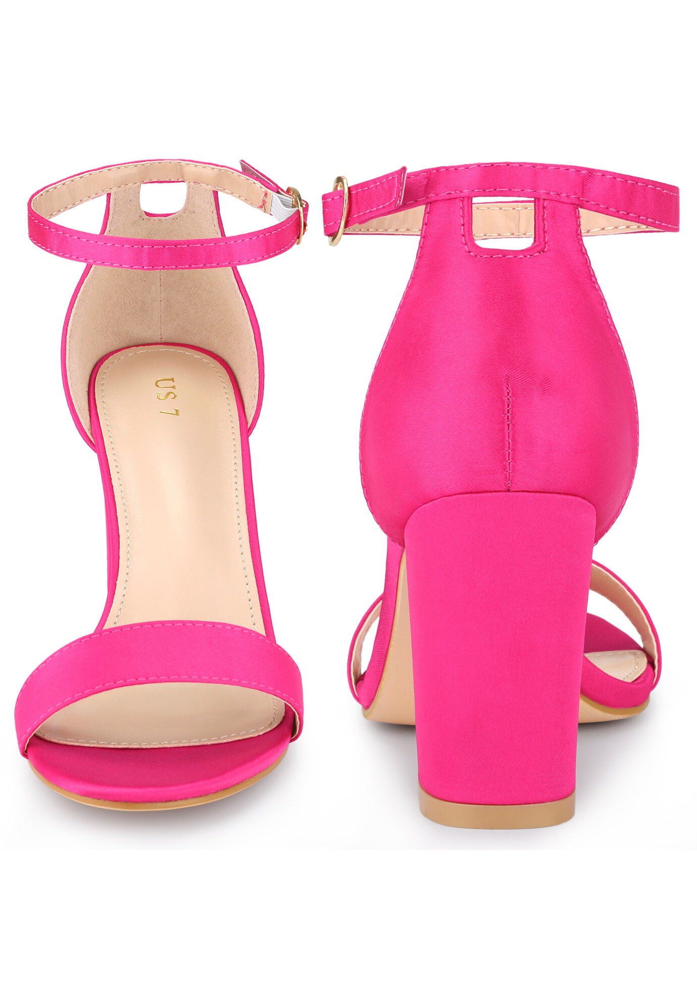 Open Toe High Heel Ankle Strap Satin Block Heels Sandals, Fuchsia / Deep Fuchsia, alternate image number 1