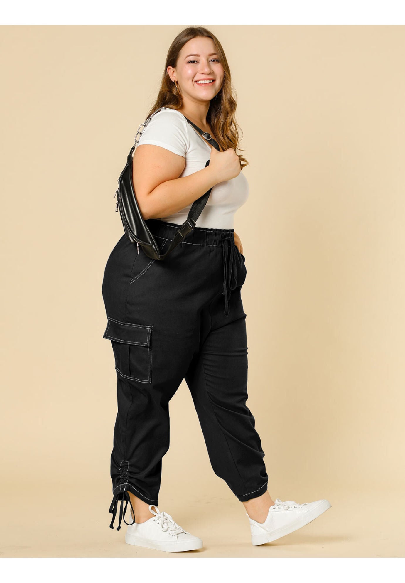 DRAWSTRING ELASTIC WAIST CARGO PANTS, Black / Black, hi-res image number 0