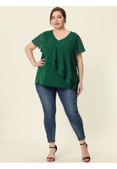 Flutter Sleeves Blouse V Neck Layer Chiffon Ruffle Top