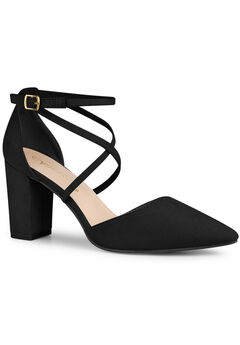 Crisscross Strap Pointed Toe Chunky Heels Pumps