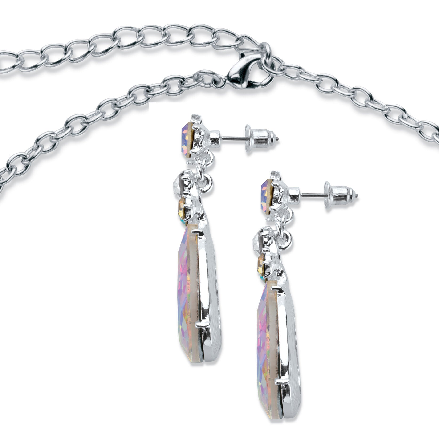 Pear-Cut Aurora Borealis Crystal Silvertone Earrings and Necklace Set 16 inches-18.5 inches, , alternate image number 4