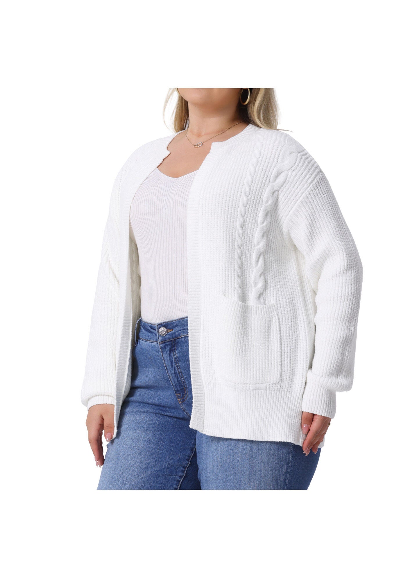 Long Sleeve Crew Neck Knit Cardigan Sweaters with Pockets, White / White, alternate image number 3