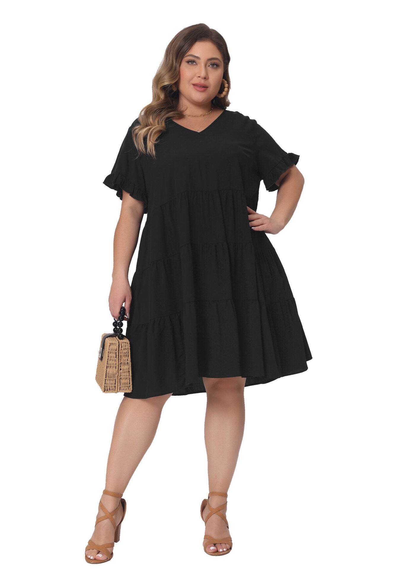 V Neck Ruffle Sleeve with Pockets Swing A Line Tiered Dress, Black / Black, hi-res image number 0