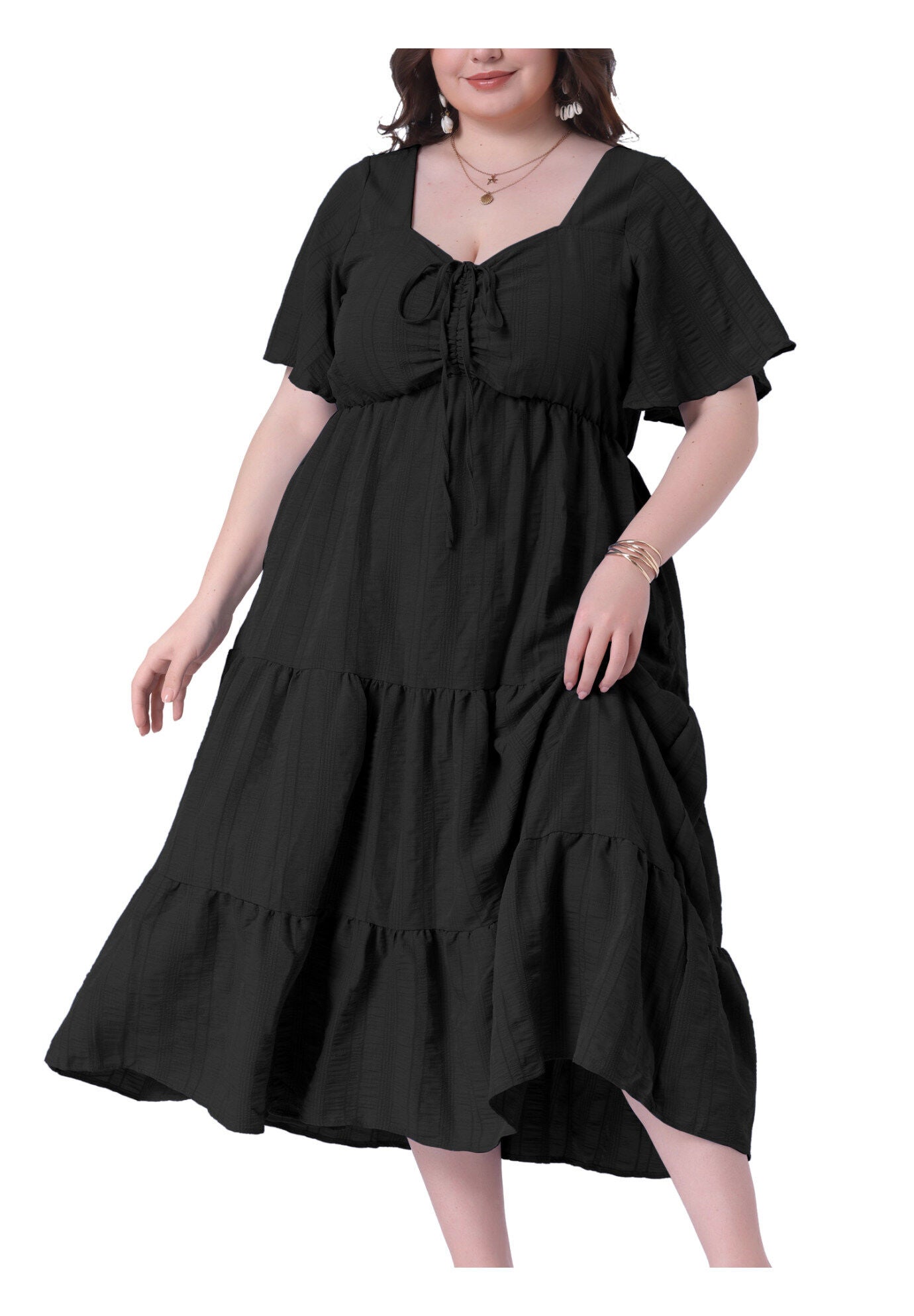 Short Sleeve Flowy A Line Tiered Long Dresses, Black / Black, alternate image number 2