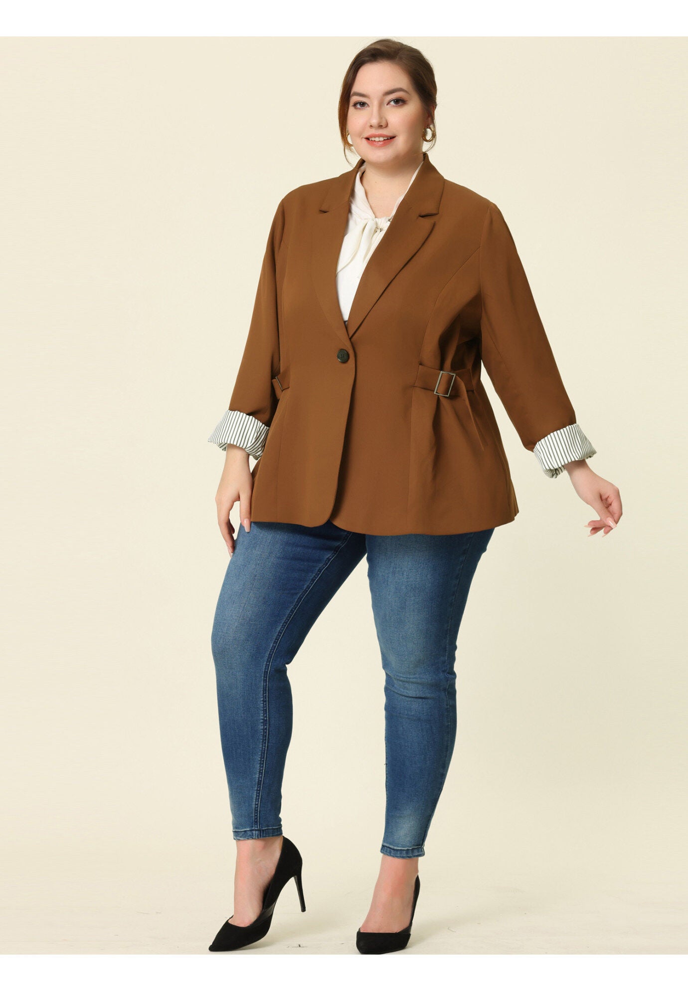 CONTRAST STRIPE CUFF NOTCHED LAPEL BLAZER, Brown / Brown, alternate image number 1