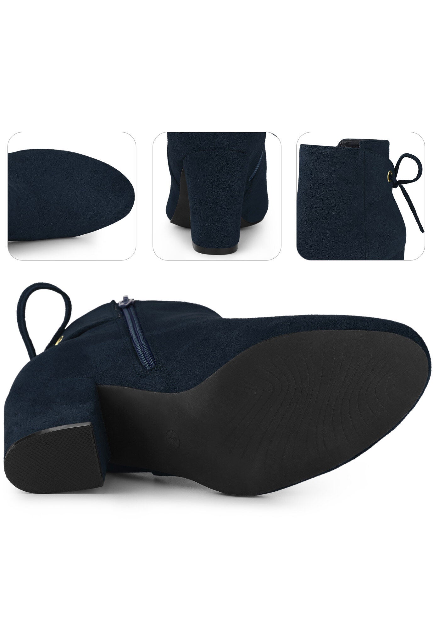 Round Toe Lace Up Back Chunky High Heels Ankle Boots, Navy Blue / Navy, alternate image number 2