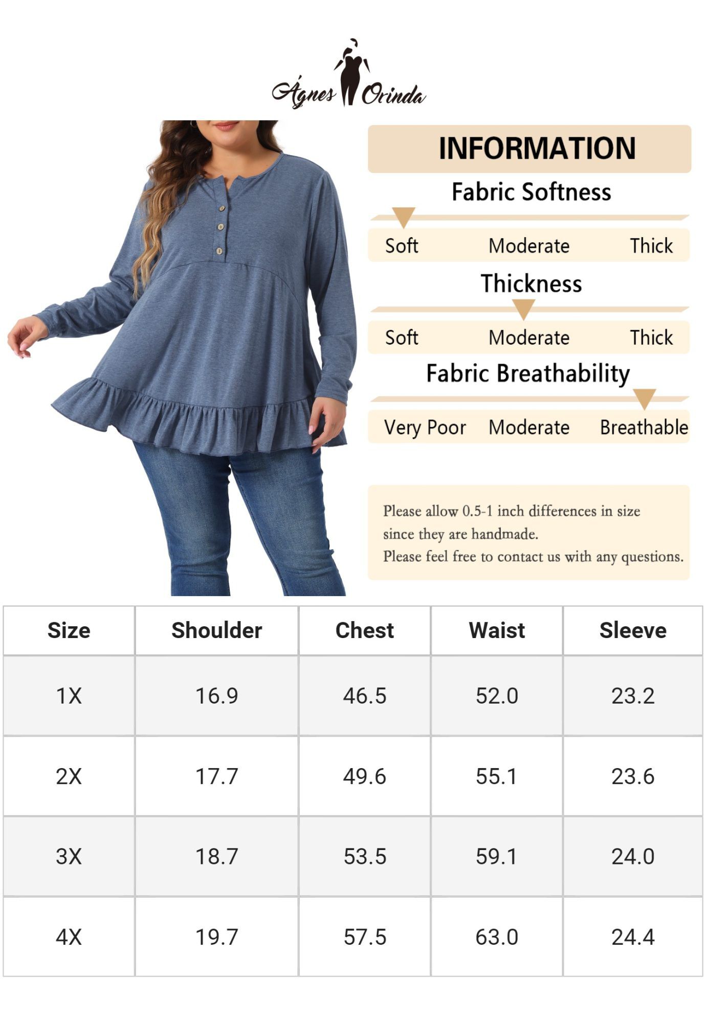 Henley V Neck Ruffled Hem Flowy Blouse Tunic, Blue / Dusty Blue, alternate image number 4