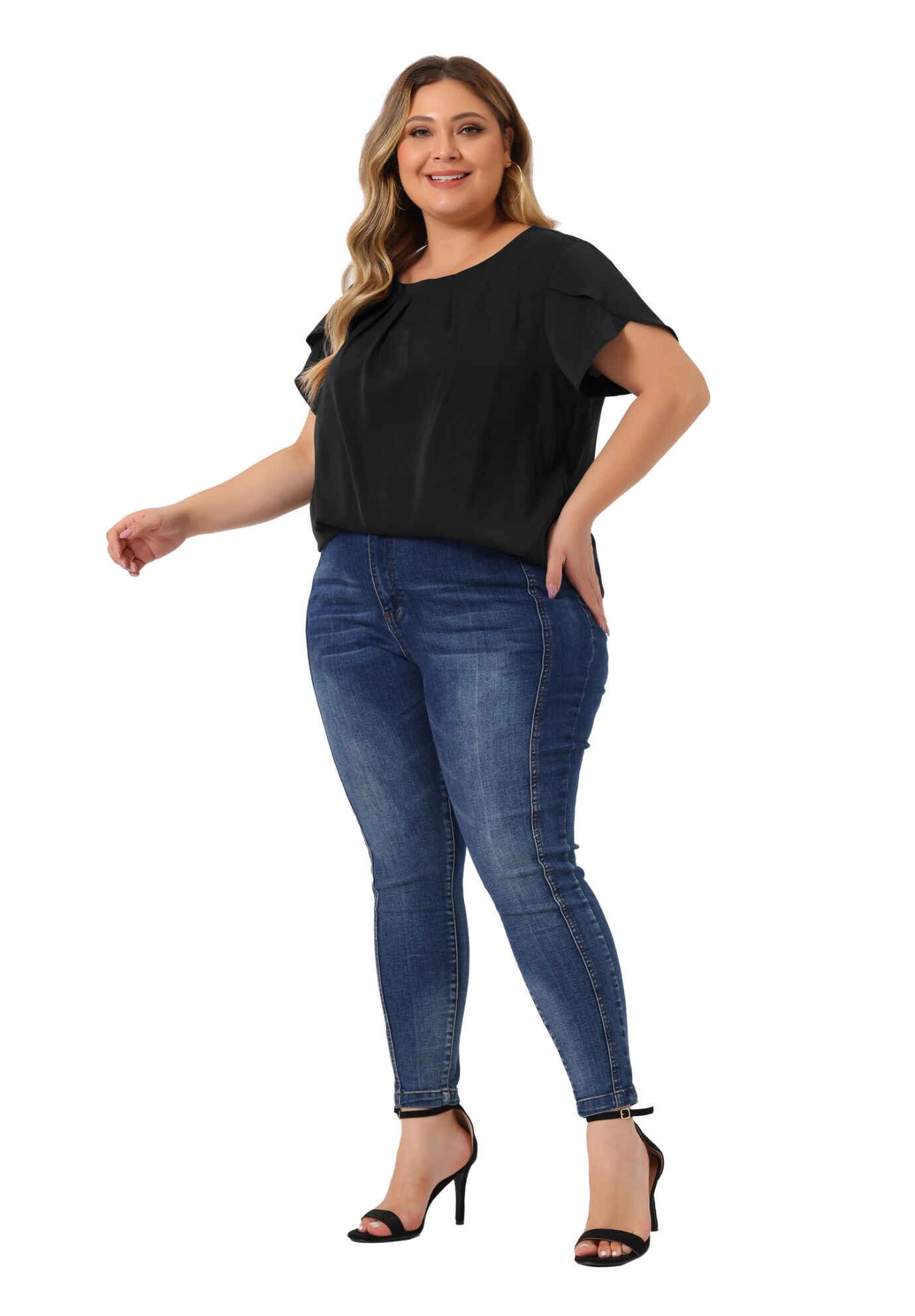 Round Neck Pleated Top Tulip Sleeves Blouse Top, Black / Black, hi-res image number 0