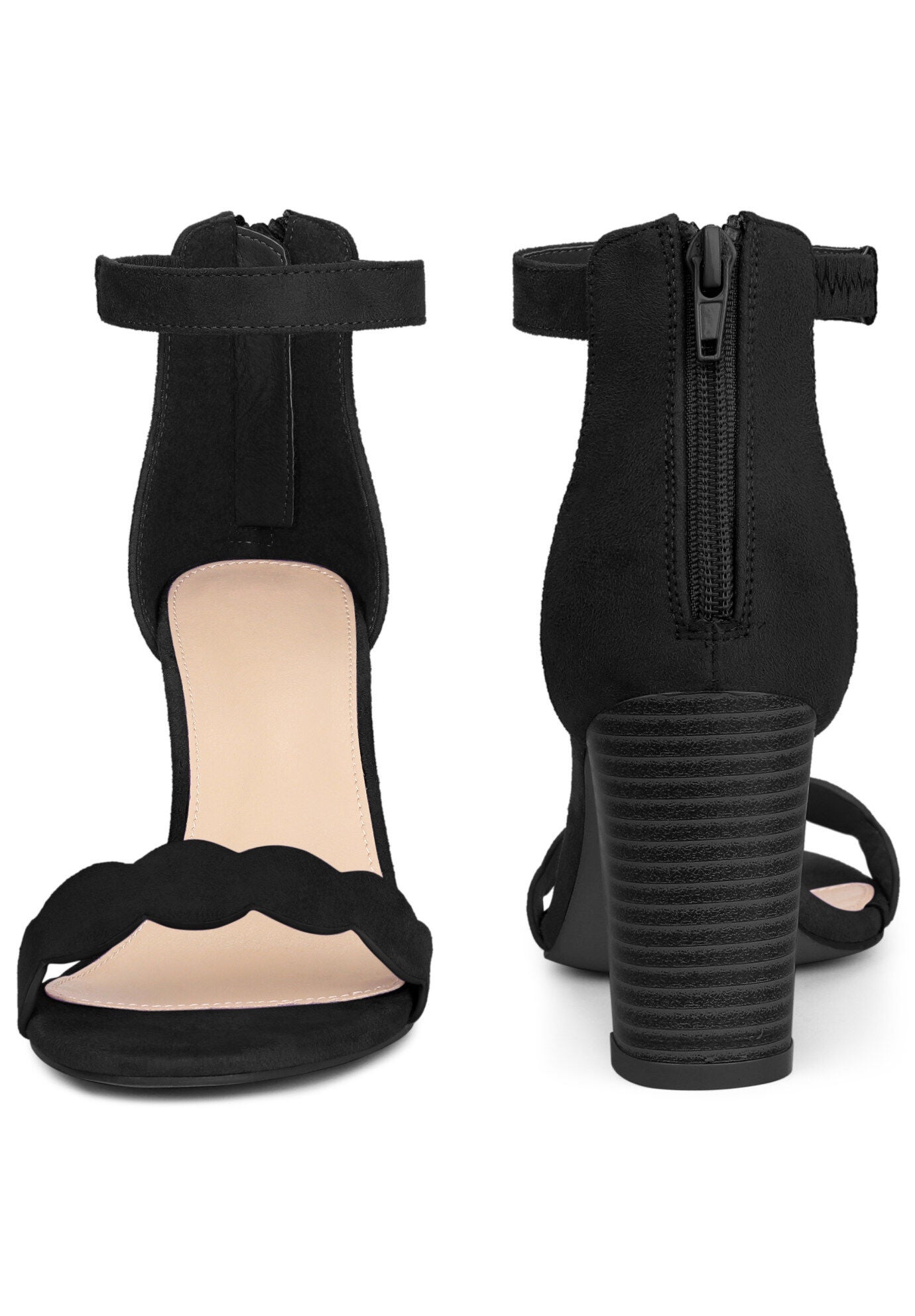 Scalloped Heel Ankle Strap Chunky Heels Sandals, Black / Black, alternate image number 2