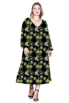 Floral-Print Sheer Sleeve Midi Dress