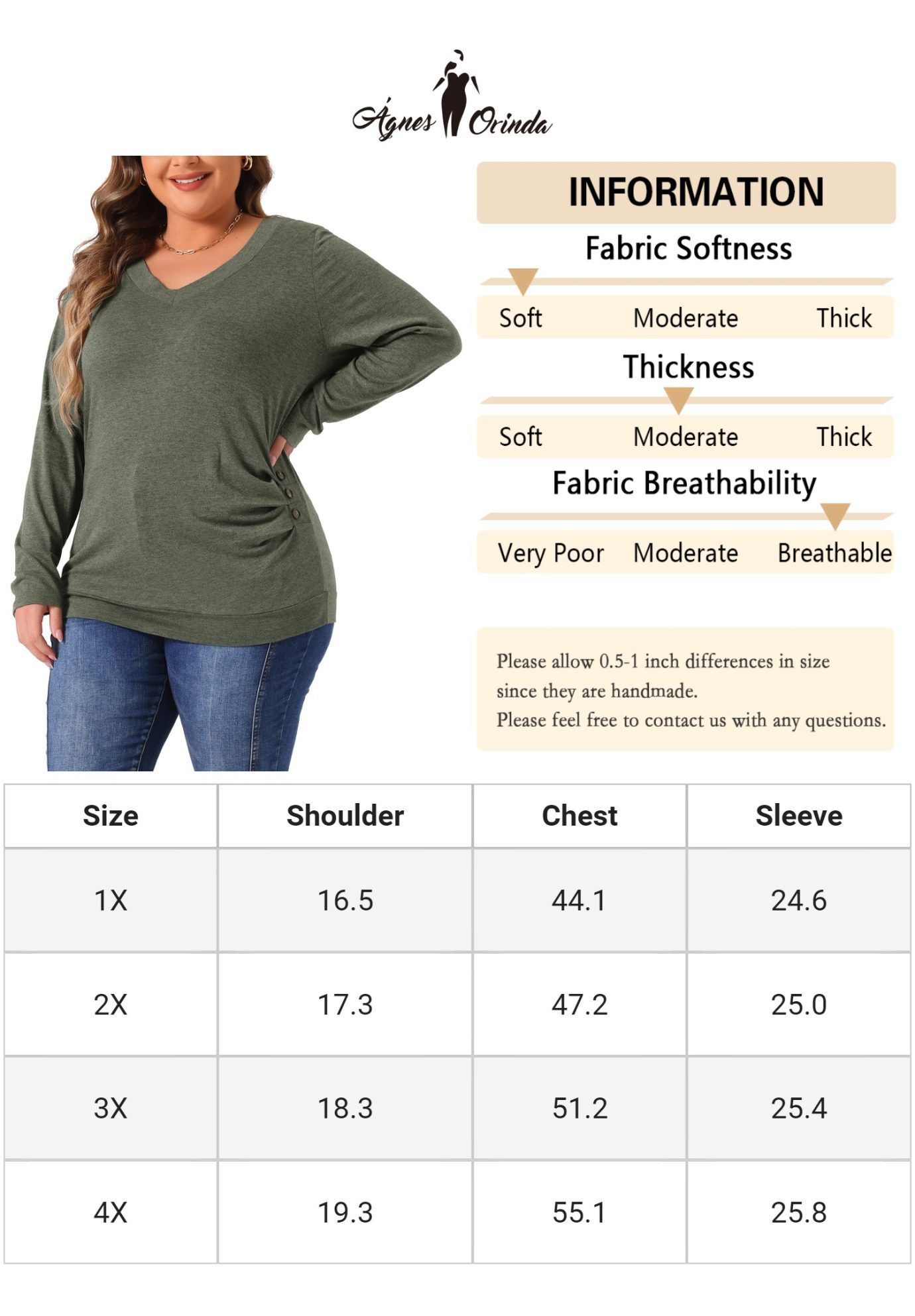 V Neck Long Sleeve Buttons Decor Ruched Casual Blouse Tunic Top, Green / Olive Green, alternate image number 4