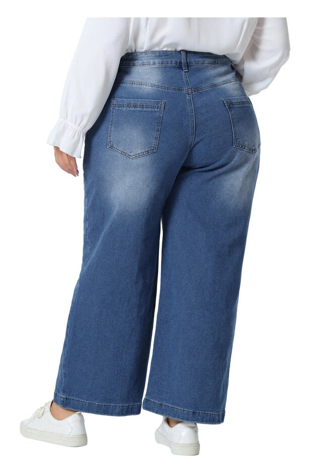 WIDE LEG BAGGY WASHED STRETCH DENIM ANKLE JEANS, Mid Blue / Light Blue, alternate image number 2
