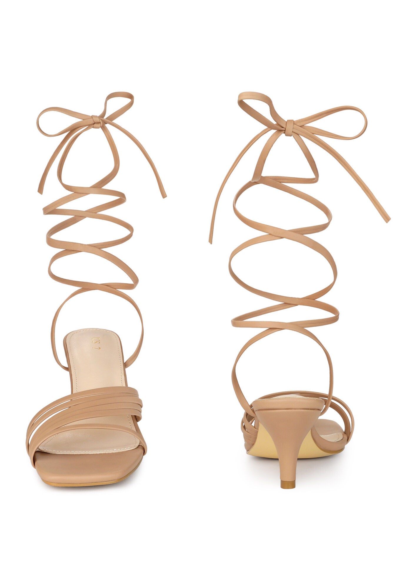 Lace Up Square Toe Strappy Kitten Heels Sandals, Nude / Tan, alternate image number 4