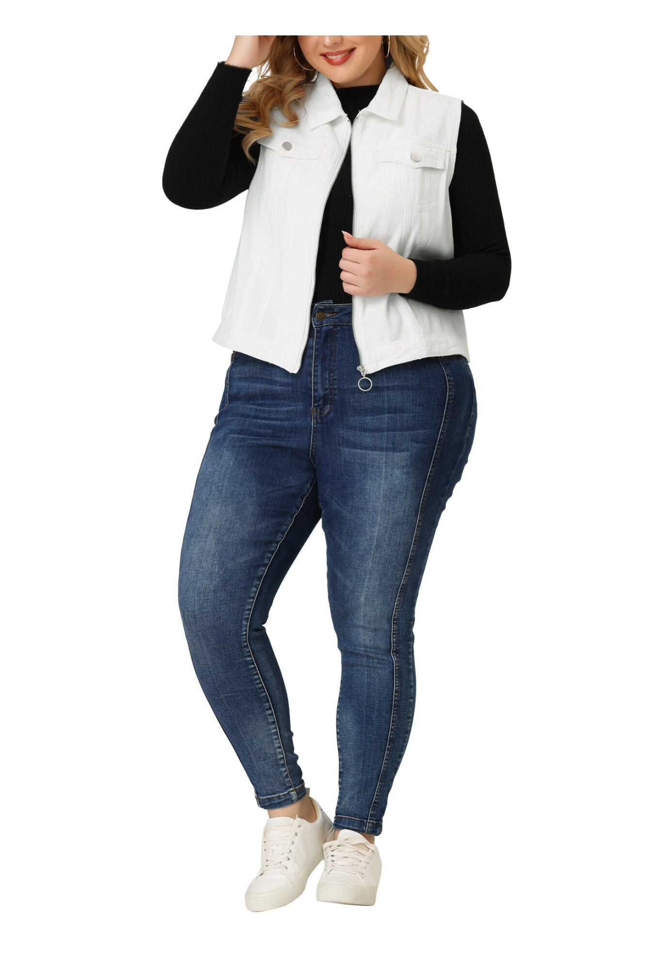 DENIM SLEEVELESS ZIP UP BUTTON DOWN JEANS JACKET VEST, White / White, alternate image number 1