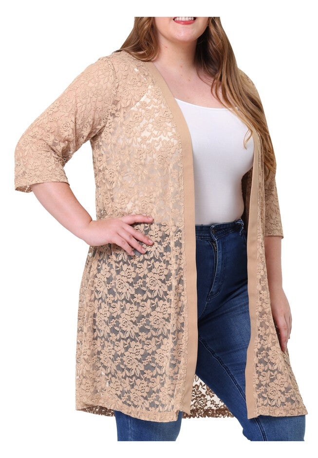 LACE CROCHET 3/4 SLEEVE COVER UP CARDIGAN, Khaki / Beige, alternate image number 3
