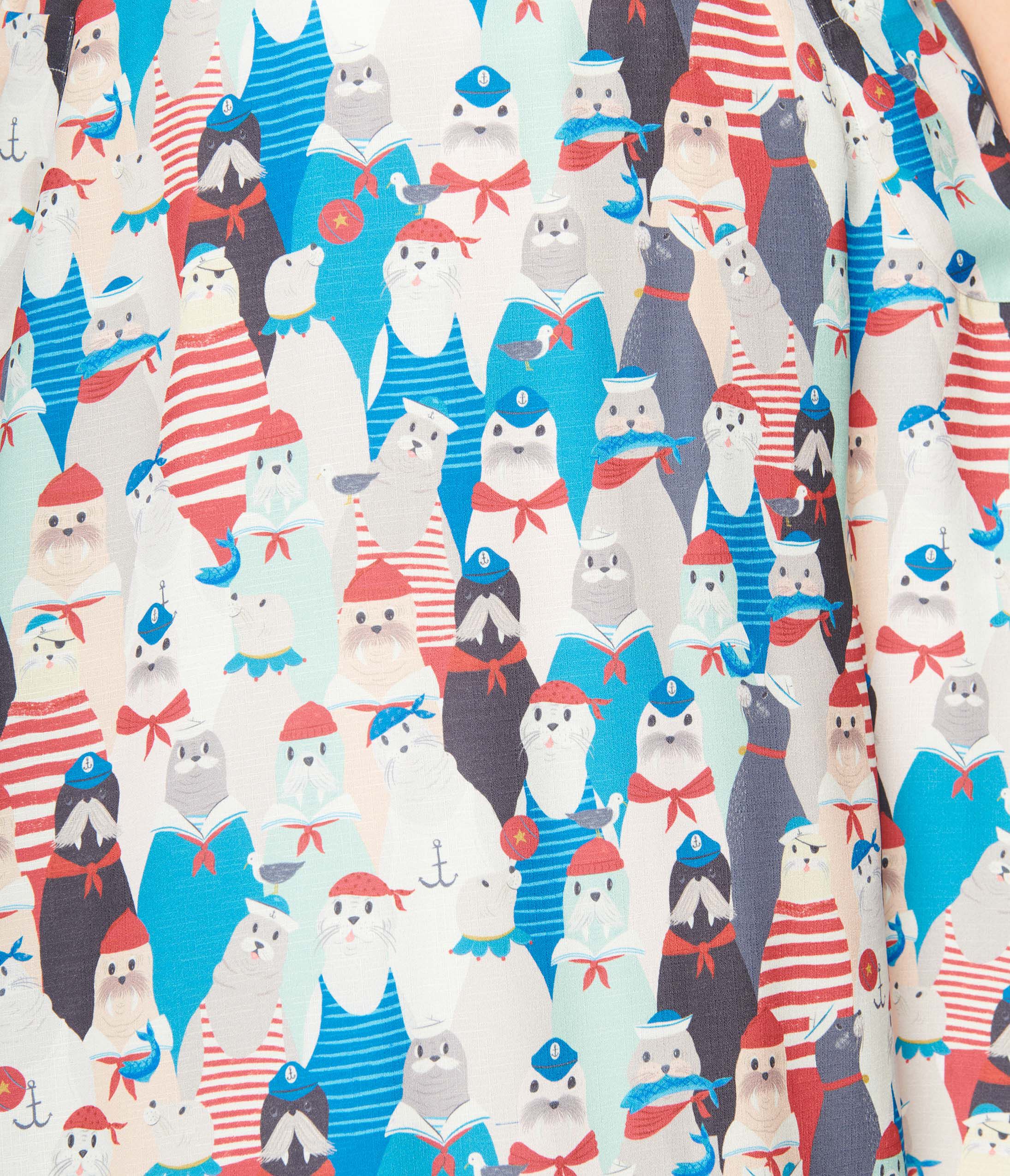 Unique Vintage La Jolla Cove Print Halter Swing Dress, RedBlueWhite Seal Print / Red, alternate image number 1