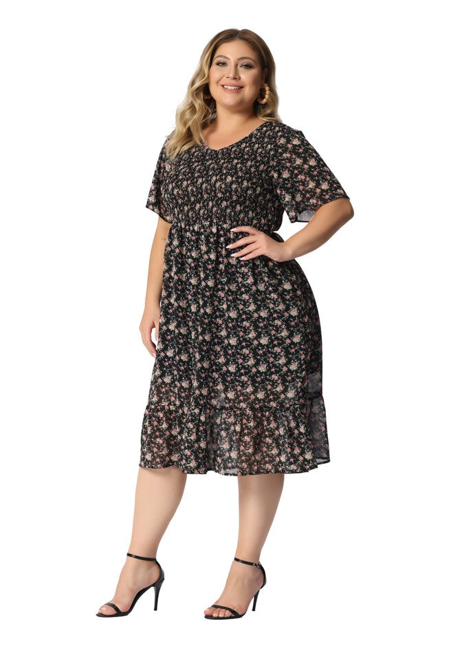 Flare Smock Ruffle Chiffon Floral Midi Dress, Black / Black, hi-res image number null