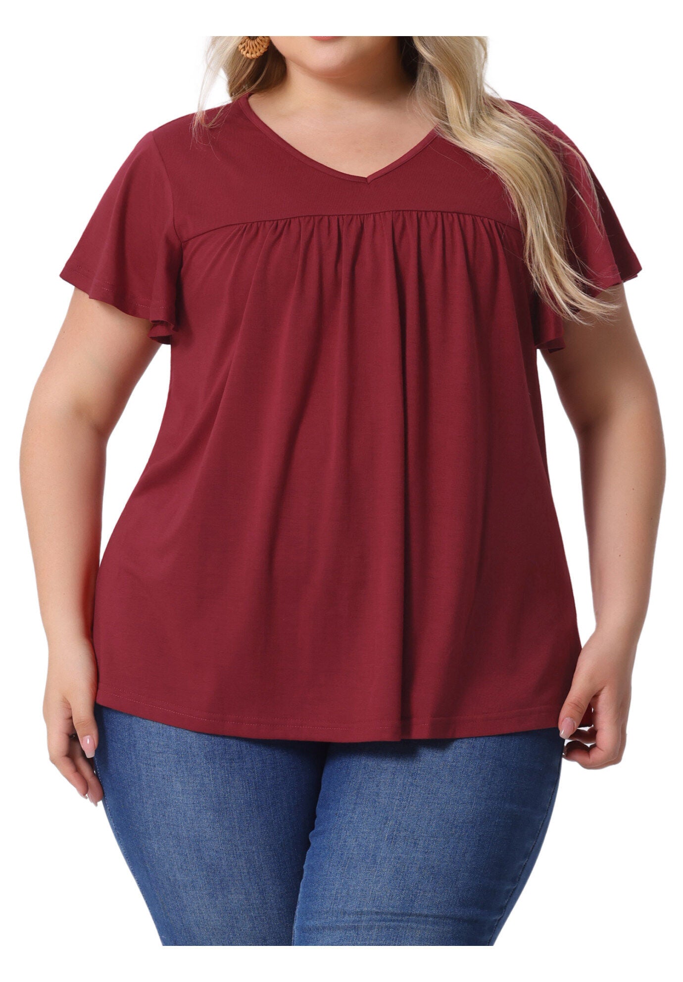 V Neck Ruffle Short Sleeve T-Shirt Tee Top, Burgundy / Burgundy, alternate image number 2