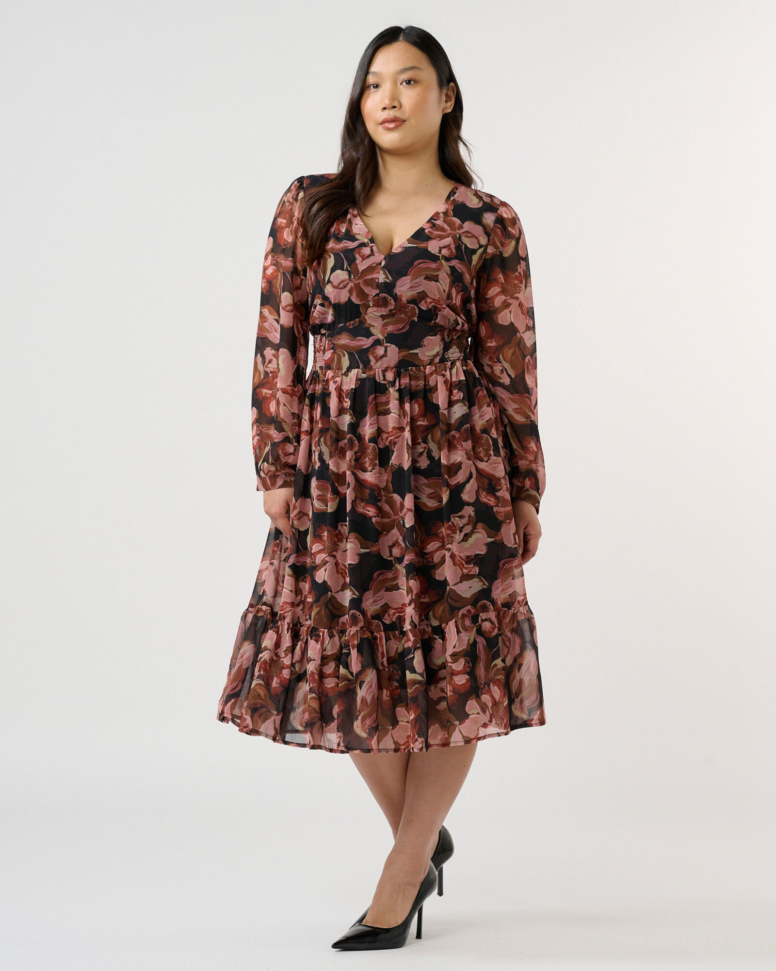 Natalia Floral V-Neck Fit Flare Midi Dress, ChocBlush / Brown, alternate image number 1