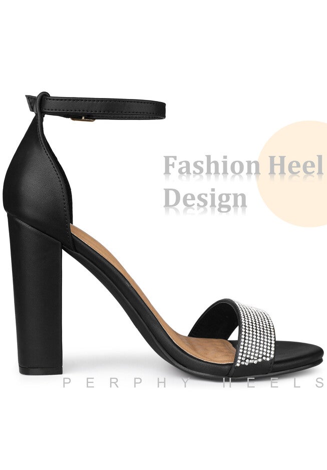 Open Toe Rhinestone Ankle Strap Chunky Heel Sandals, Black / Black, alternate image number 3