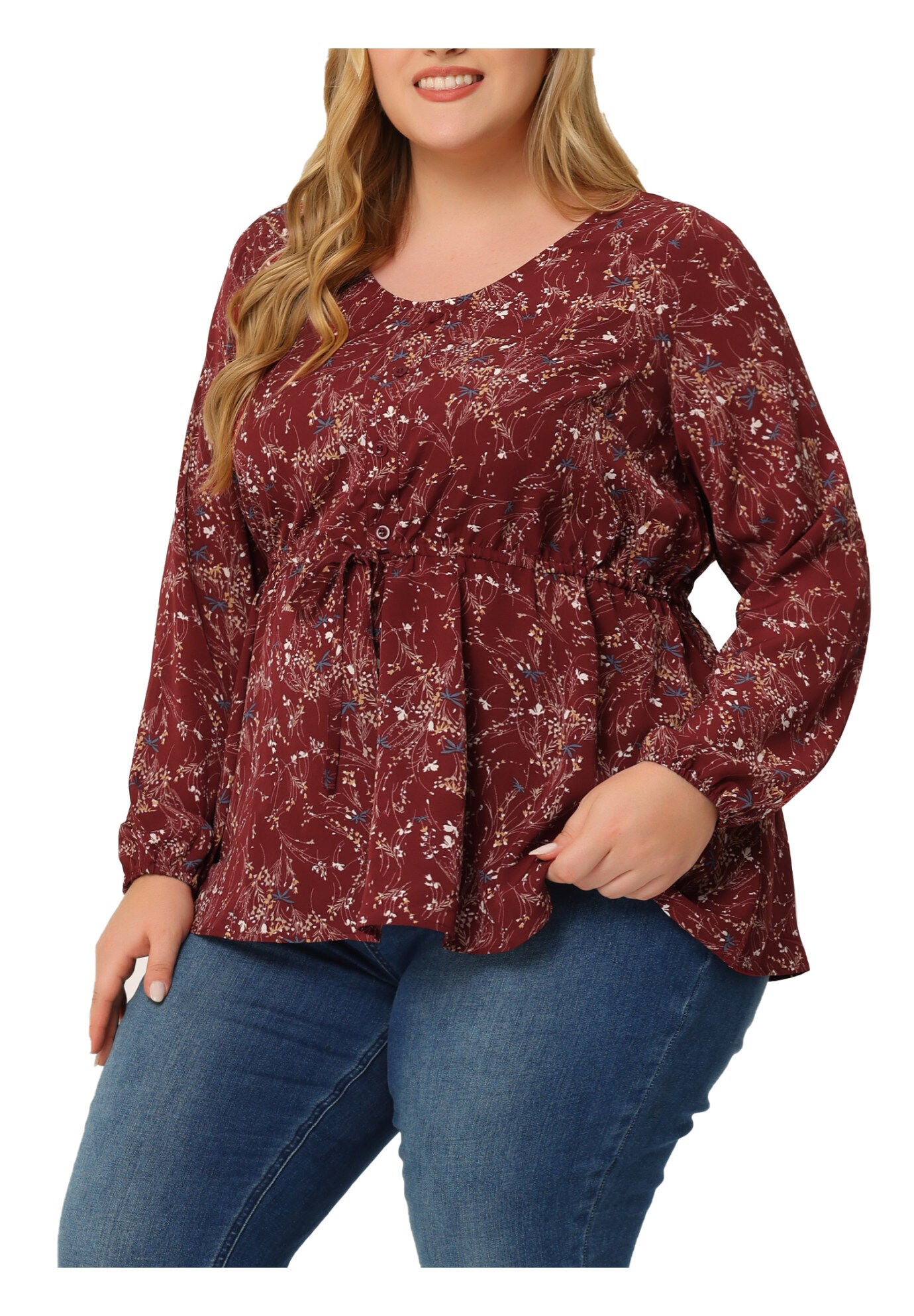 Floral Print Long Sleeves Belt Tie Ruffle Casual Peplum Top, Red / Red, hi-res image number 0